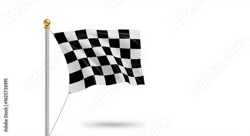 A clean and graphic image of a black and white checkered flag waving, representing success, finish lines, and racing events.