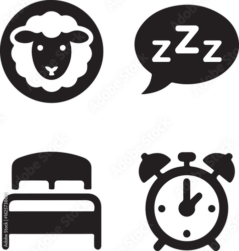 Sleep icons: vector sheep, zzz sign, bed symbol, alarm clock; simple black and white style.