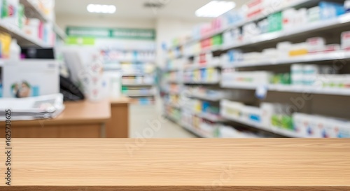 A clean wooden countertop in the foreground with a blurred background of a modern pharmacy, creating a professional and inviting atmosphere for customers.