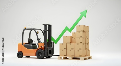 Conceptual image of a forklift and boxes with a rising green arrow, symbolizing business growth and logistics success.