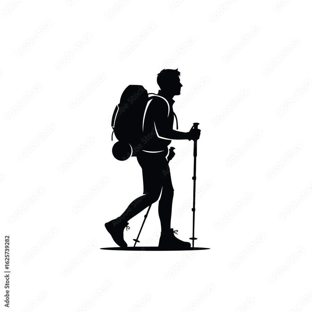 Vector art of silhouette of a hiker with backpack and poles on white background Vector art of silhouette of a hiker with backpack and poles on white background