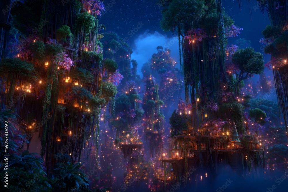 Enchanted Forest at Night with Glowing Trees, Twinkling Lights, and a Mystical Atmosphere in Surreal Fantasy Landscape Enchanted Forest at Night with Glowing Trees, Twinkling Lights, and a Mystical Atmosphere in Surreal Fantasy Landscape