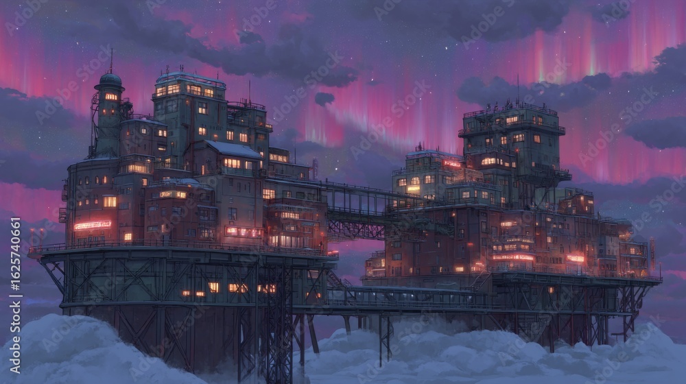 Fototapeta premium Dreamy floating city under vibrant auroras with advanced architecture surrounded by clouds and a magical twilight atmosphere