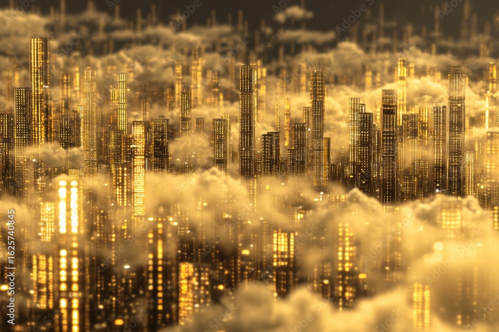 Fototapeta premium Golden Cityscape Above the Clouds with Gleaming Skyscrapers in a Dreamlike Atmosphere