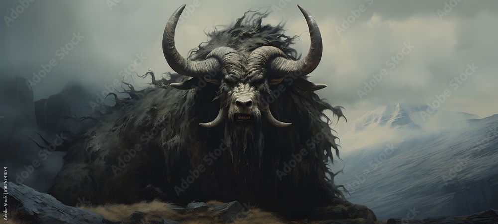 Fototapeta premium A haunted gothic mammoth fenrir perched on a wind-swept hill,generative AI