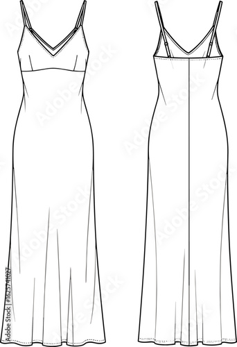 Elegant slip dress technical flat, fashion CAD sketch, front and back view, vector outline, apparel template for fashion design