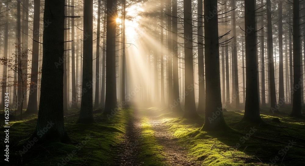 Obraz premium Sunbeams illuminate a foggy forest path, highlighting the mossy ground and tree trunks., concept for nature photography, landscape backgrounds and peaceful scenery visuals.