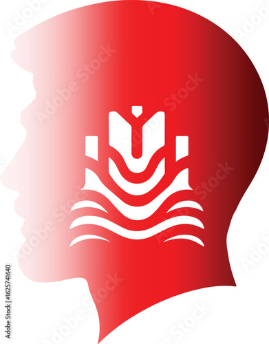 The image shows a stylized red silhouette of a person's head, incorporating a white design that resembles a book or a building situated over wavy lines, possibly representing knowledge or education.