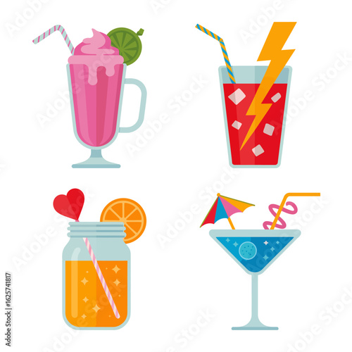 And colorful stylized summer cocktails suitable for beverage brands, restaurants, bars, summer party invitations, and cocktail recipes.