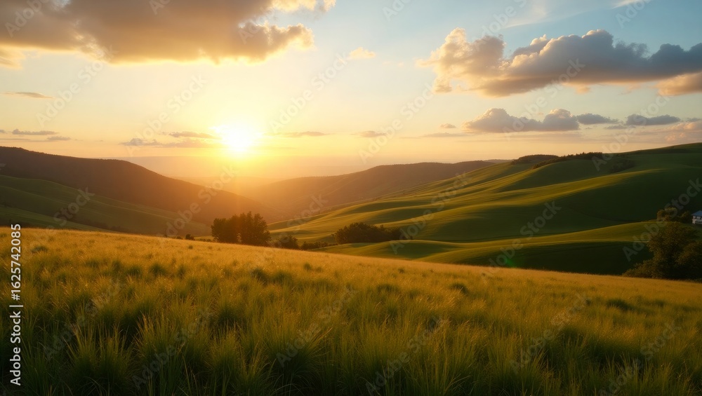 Fototapeta premium Golden Sunset Over Green Rolling Hills – Warm Evening Landscape Photography