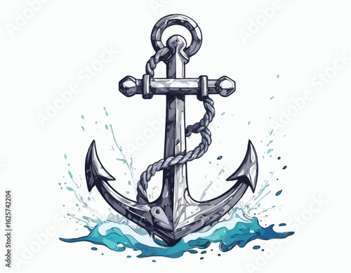A bright red nautical anchor with two fluke ends plunges into choppy turquoise and white waves, secured by a thick, twisted whit (1)