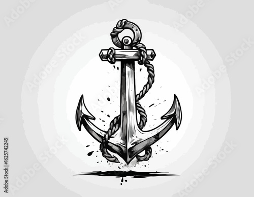 A bright red nautical anchor with two fluke ends plunges into choppy turquoise and white waves, secured by a thick, twisted whit (1)