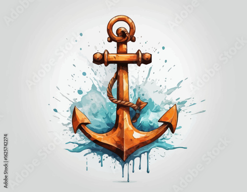A bright red nautical anchor with two fluke ends plunges into choppy turquoise and white waves, secured by a thick, twisted whit (1)