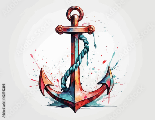 A bright red nautical anchor with two fluke ends plunges into choppy turquoise and white waves, secured by a thick, twisted whit (1)