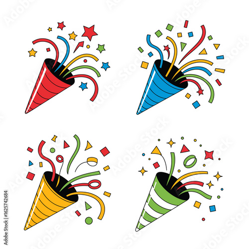 Party poppers with confetti streamers and shapes exploding outward, perfect for celebrations, birthdays, and festive occasions. Suitable for invitations, flyers, and party themes.