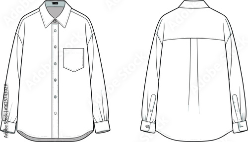 Flat vector template of classic long sleeve button-up shirt with chest pocket, cuff details, and back yoke fashion illustration