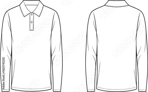 Flat vector template of long sleeve polo shirt with collar and button placket, minimal menswear apparel design technical fashion sketch