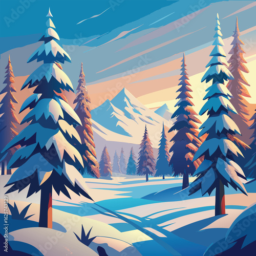 winter landscape with snow covered trees and mountains.