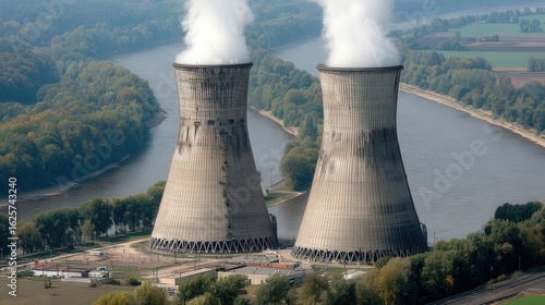 Wallpaper Mural Aerial view of a nuclear energy facility with cooling units near water and forest, captured in soft daylight, realistic textures, ultra high-resolution. Torontodigital.ca