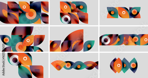 Abstract colorful shapes overlap, creating dynamic compositions. Various hues blend, forming intriguing visual patterns. Minimalist design.