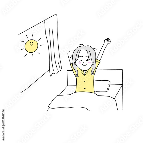 朝ベットで目覚める女性のイラスト