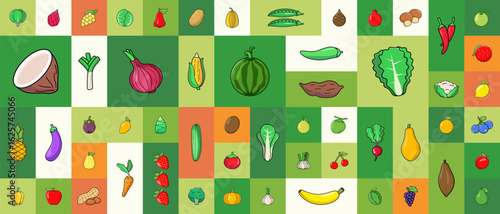Healthy organic vegan food. Cooking dietary dishes. Vegetarian cafe. Set of icons in flat geometric style. Abstract signs. Vegetables and fruits Vector illustration