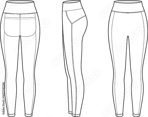 Technical flat sketch of modern women’s leggings with back yoke, waistband, and side seam details, perfect for activewear design presentations