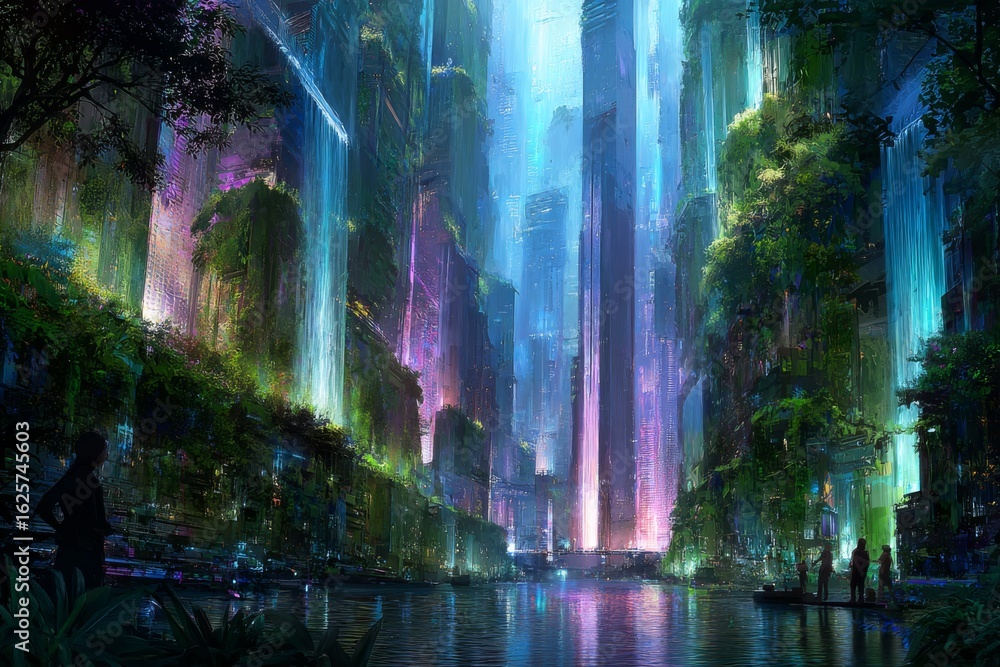 Obraz premium Majestic Futuristic City with Lush Greenery and Vibrant Neon Lights Reflecting on a Serene Waterway