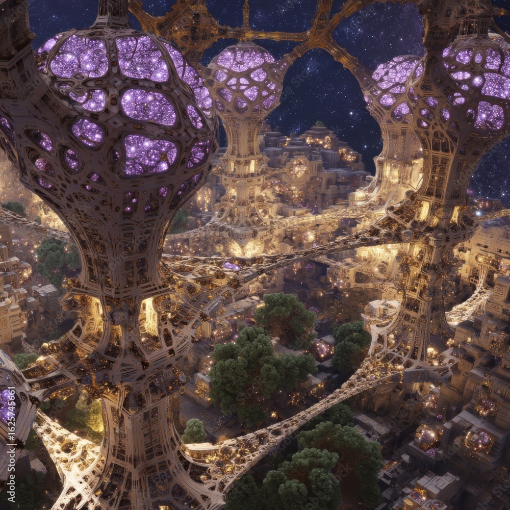 Obraz premium Surreal futuristic cityscape with intricate structures and vibrant purple spheres under a cosmic sky