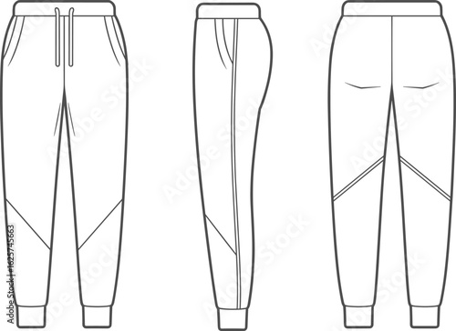 Technical flat vector illustration of jogger pants with drawstring waistband, sporty seam panels, back pockets, and cuffed ankles design
