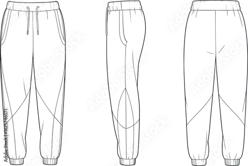 Technical flat vector illustration of jogger sweatpants with seam panels, drawstring waistband, side pockets, and cuffed ankle design