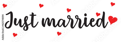Just Married hand lettering phrase. Vector brush calligraphy text design isolated on white background.