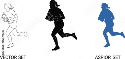 Three images of a woman running with a rugby ball in different styles