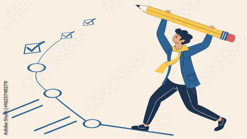 Businessman Triumphantly Achieving Goals:  Modern Flat Design Illustration,  Positive and Energetic Mood.