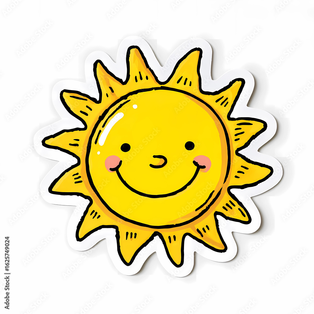 A cartoon sun with a happy face and yellow rays on a white background art A cartoon sun with a happy face and yellow rays on a white background art