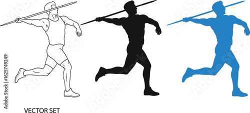 Vector set showing javelin thrower in outline silhouette and blue fill