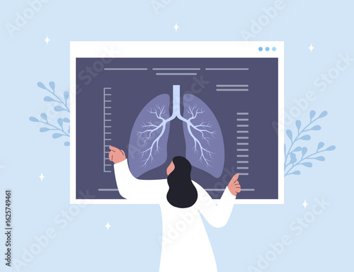 Pulmonology concept. Female doctor check X Ray scanning and fluorography. Health lungs check up. Vector illustration in flat cartoon style.