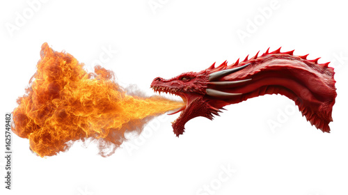 Dragon's Fiery Breath: A mythical red dragon unleashes a torrent of flames from its jaws. Capturing the raw power and fantastical essence of the dragon's breath.