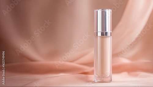 Creamy beige liquid foundation in a clear, rectangular bottle with silver cap, displayed on a blush-toned fabric backdrop