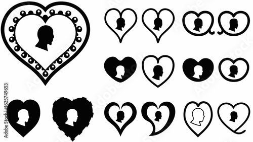 Collection of hearts containing head silhouettes in various styles and orientations on a white background