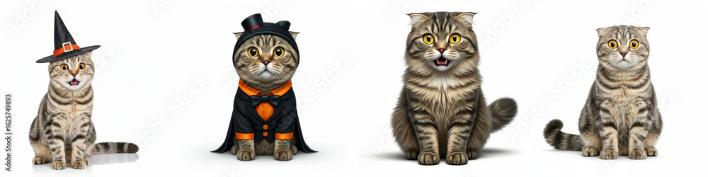 Fototapeta premium Halloween Cats in Costumes - Four adorable cats, dressed in Halloween costumes, showcasing cuteness, festivity, playfulness, and holiday spirit. Perfect for greeting cards or seasonal decorations