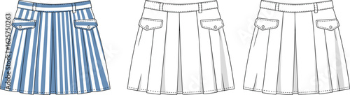 Vector illustration of striped pleated mini skirt with flap pockets, belt loops, and stitching details for modern fashion and apparel design