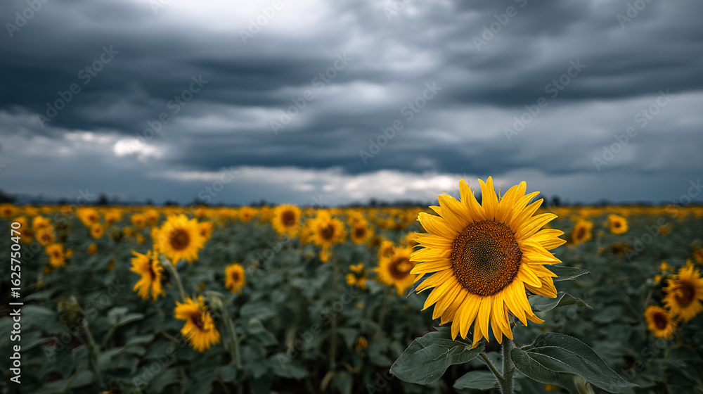 Fototapeta premium A field of sunflowers under a dramatic sky with dark clouds overhead view