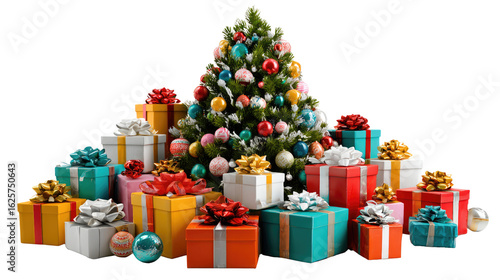 Festive Cheer: A vibrant Christmas tree is surrounded by a mountain of beautifully wrapped gifts, evokes a sense of excitement and celebration during the holiday season.