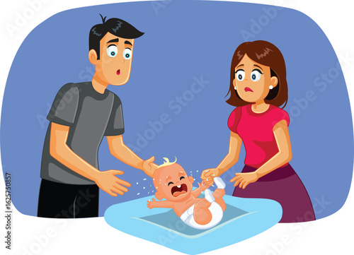 Puzzled New Parents feeling Clueless Around Baby Vector Cartoon. Married couple not knowing why their newborn cries loudly