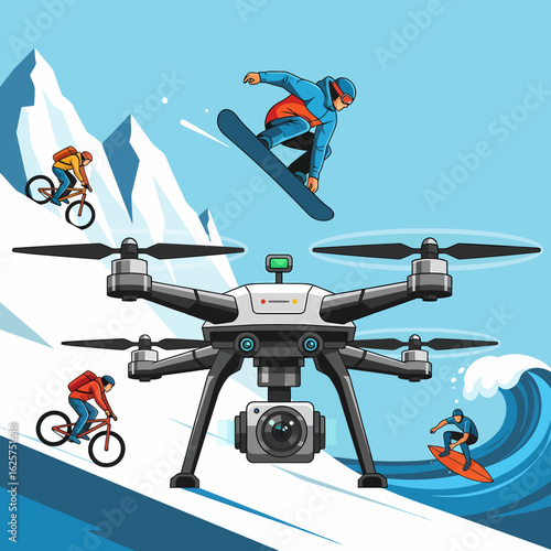 Drone captures extreme sports enthusiasts snowboarding biking and surfing