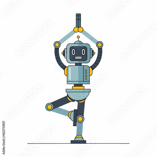 Retro robot doing a tree pose in yoga with arms overhead and one leg lifted in a balancing stance