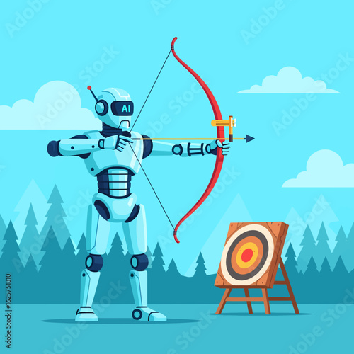 Futuristic AI robot aiming a red bow and arrow at a target in a pixel art style.