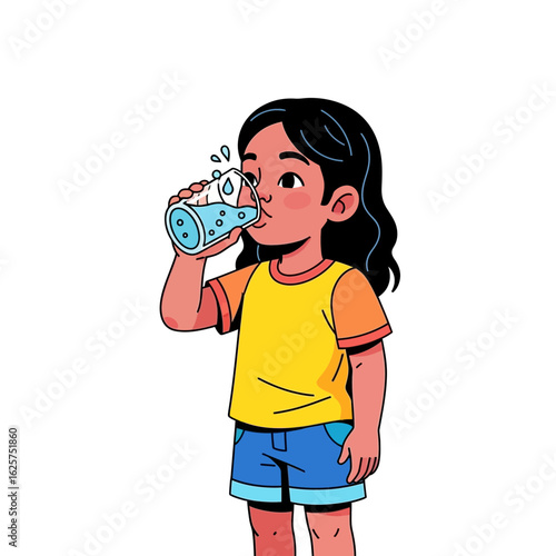 Cute cartoon girl with wavy black hair and rosy cheeks drinking from a clear glass of water.