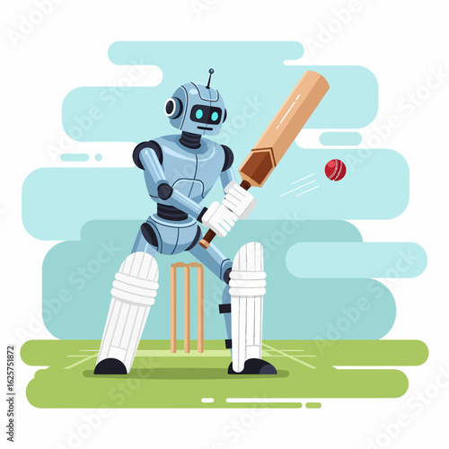 Robotic batsman playing cricket on a green field with wickets and a red ball